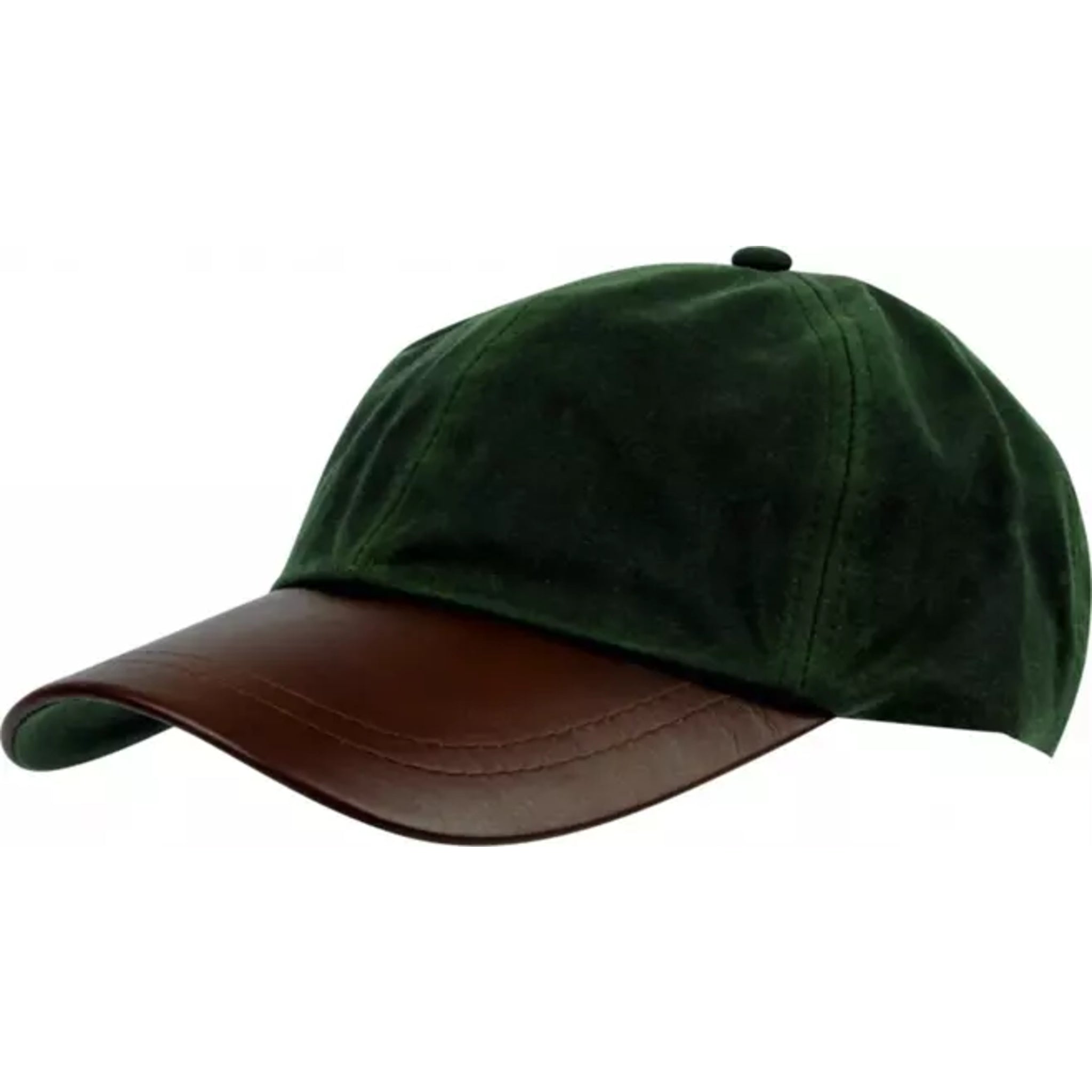 Men's wax baseball cap with brown leather peak, water-resistant outdoor hat in olive